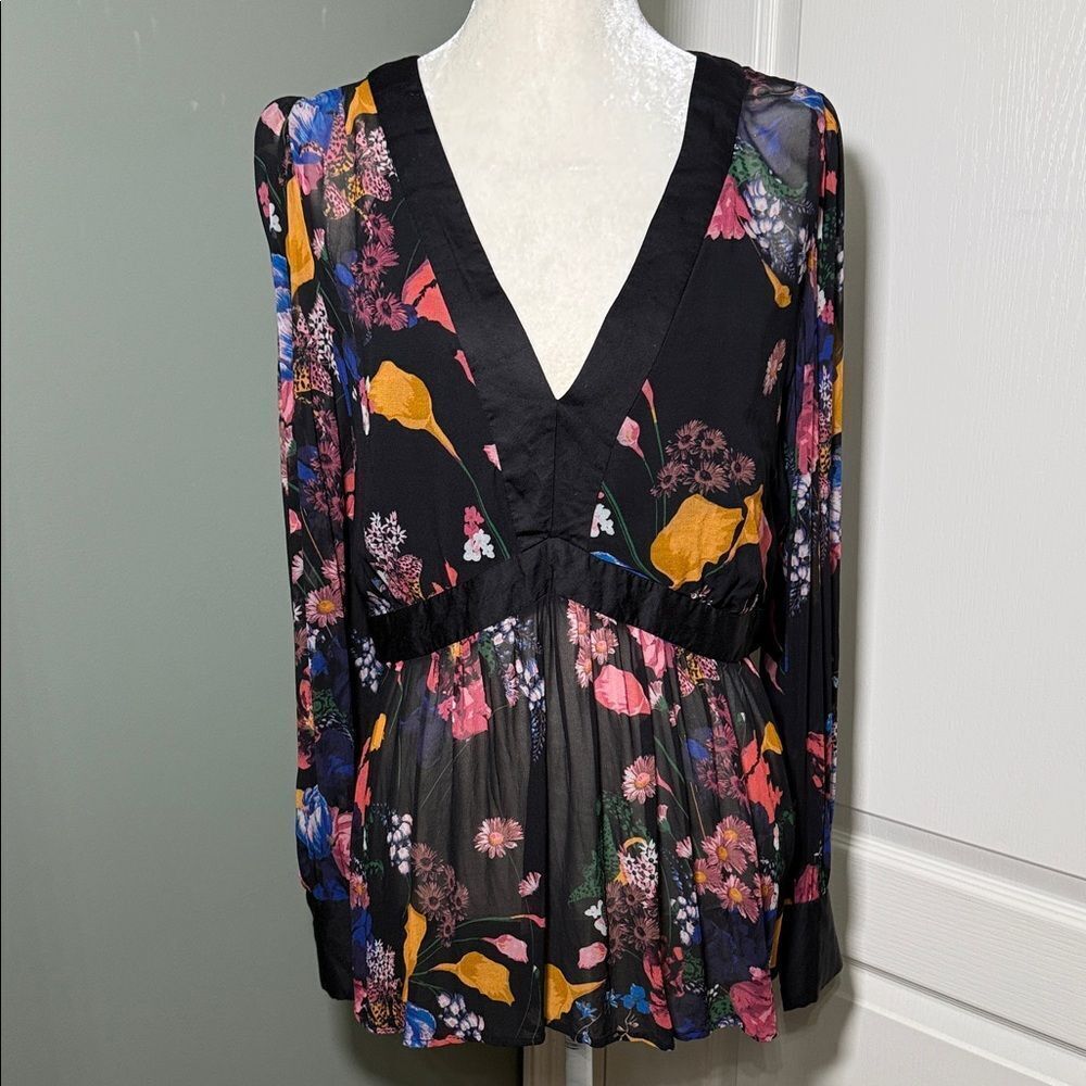 Maeve Anthropologie Floral Sheer Blouse Multicolor V Neck Size 14 Boho Romantic